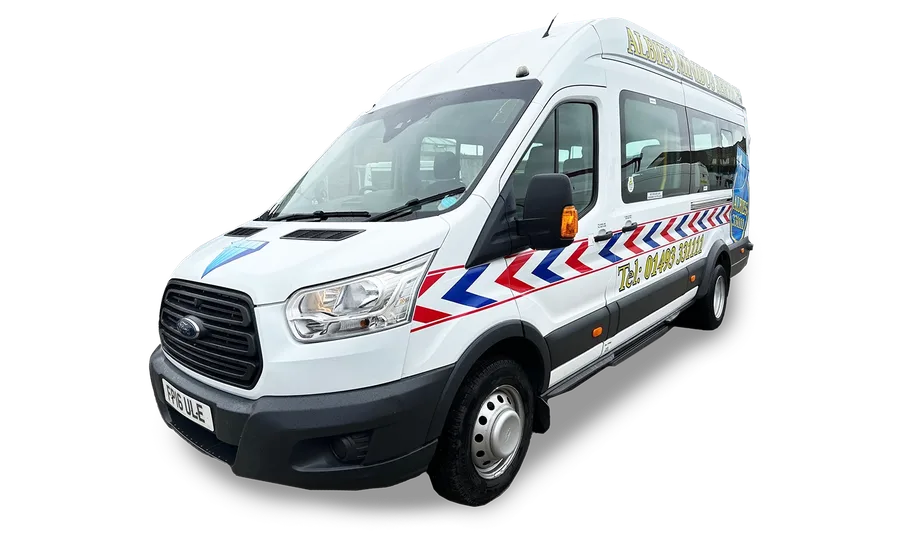 A white Albies 16-seat minibus