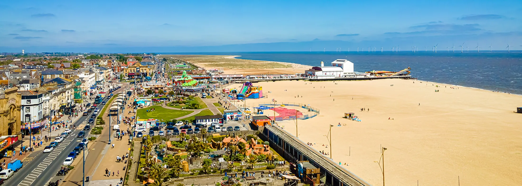 Aerial view of Great Yarmouth's seafront, beach and pier