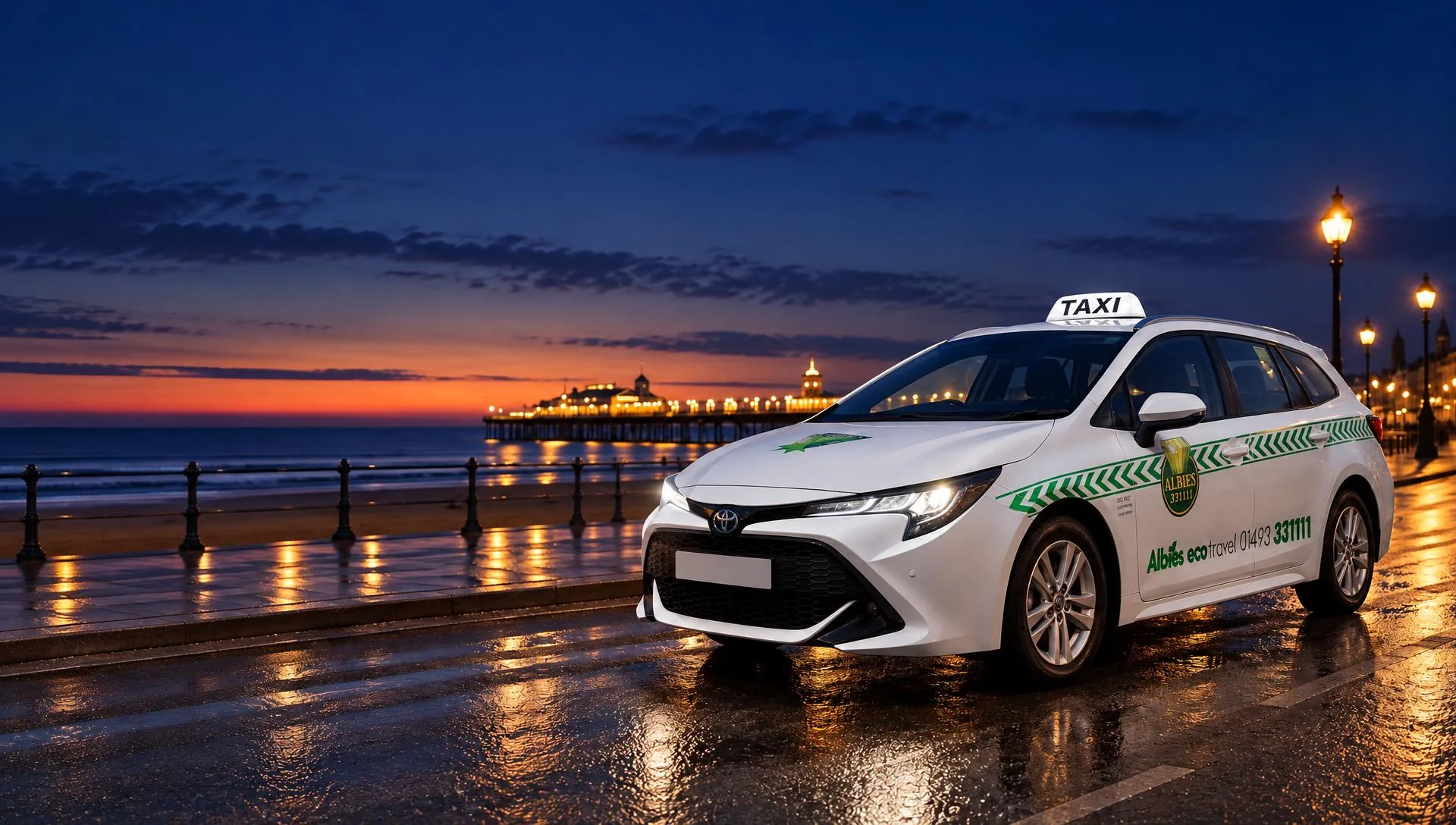 A white Albies eco travel hybrid taxi with its TAXI sign lit, parked on the seafront at dusk